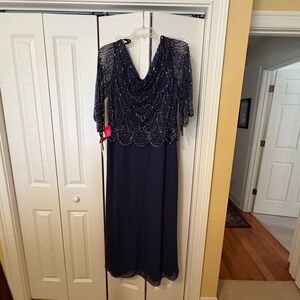 J Kara Navy Beaded Long Sleeve Dress